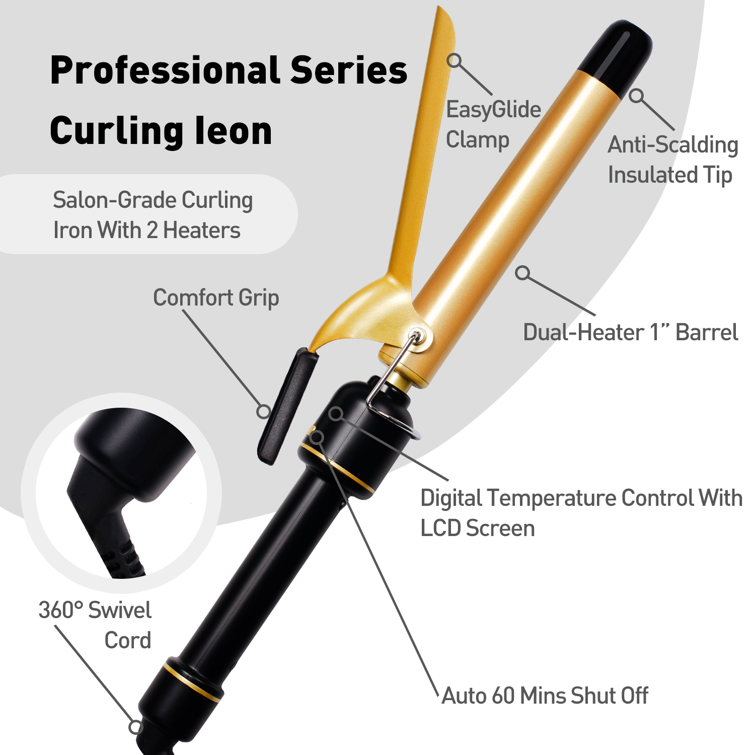 Control de temperatura de pantalla LED de 1 pulgada de hierro curling de pelo dorado